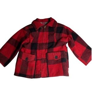 Vtg 1950s Kids 7 Wool Buffalo Plaid Mackinaw Hunting Coat Talon Zipper Red Black